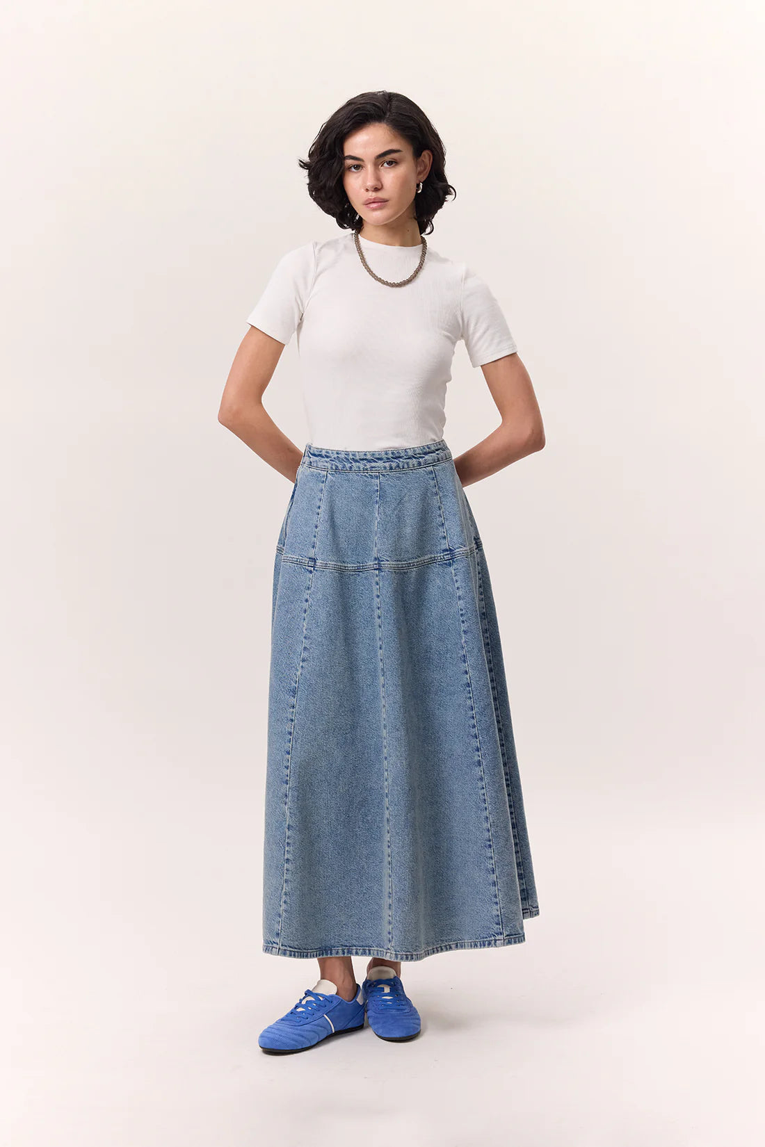 Wide Gathered Denim Skirt