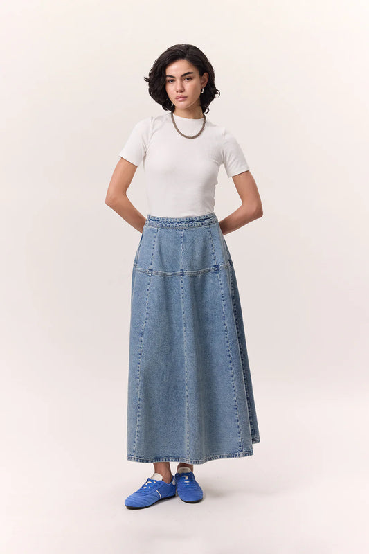 Wide Gathered Denim Skirt