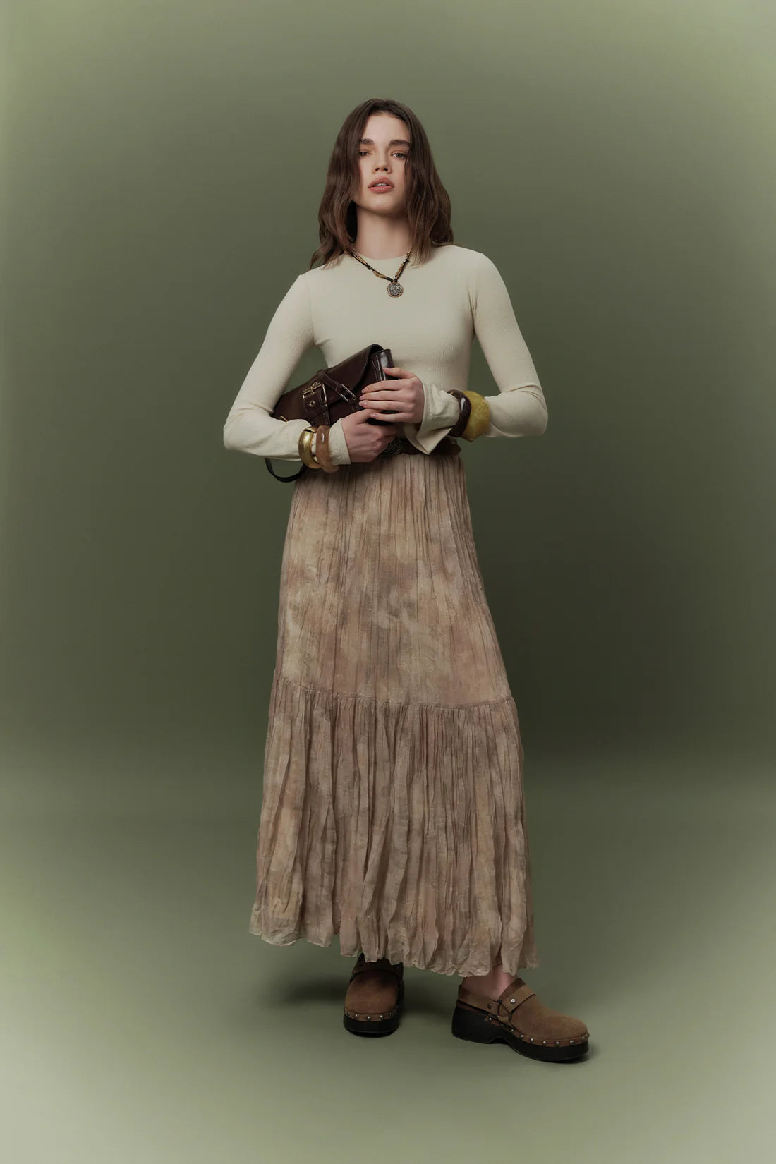 Patterned Crushed Pleated Skirt