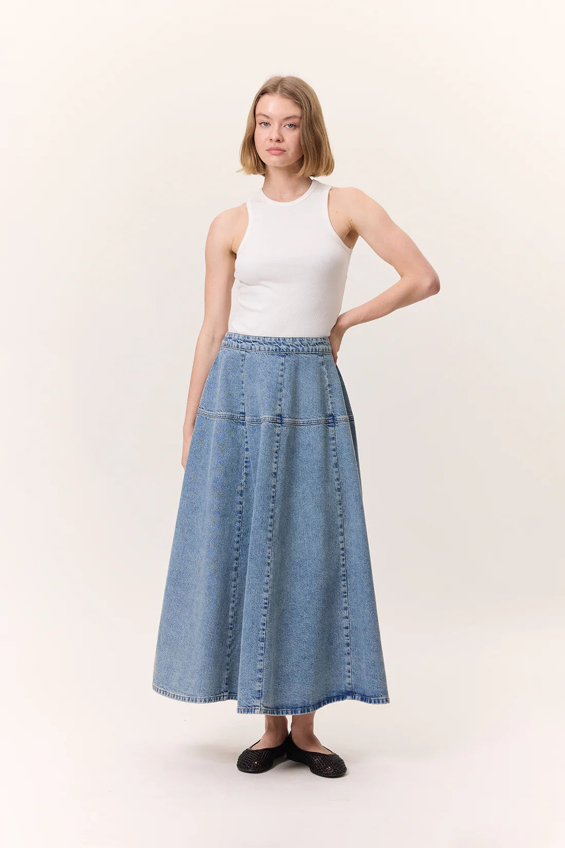 Wide Gathered Denim Skirt