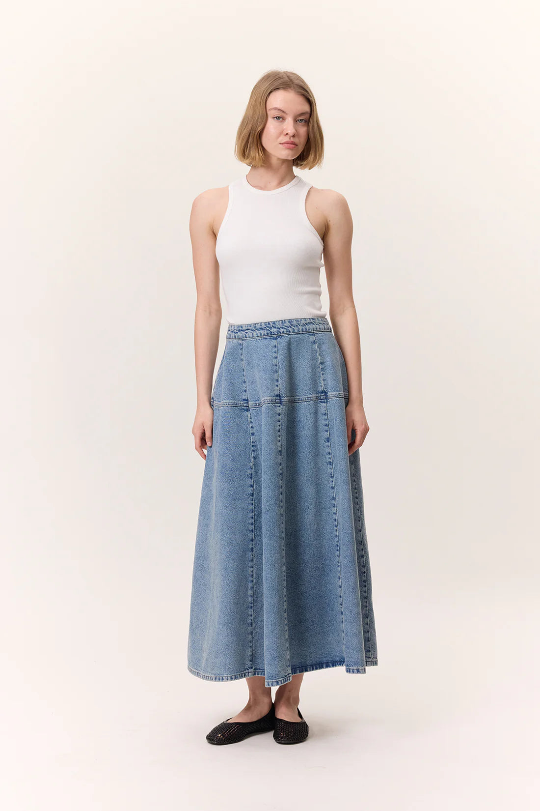 Wide Gathered Denim Skirt