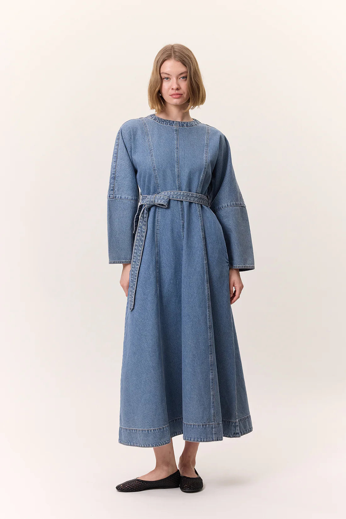 Wide Sleeve Belted Denim Dress