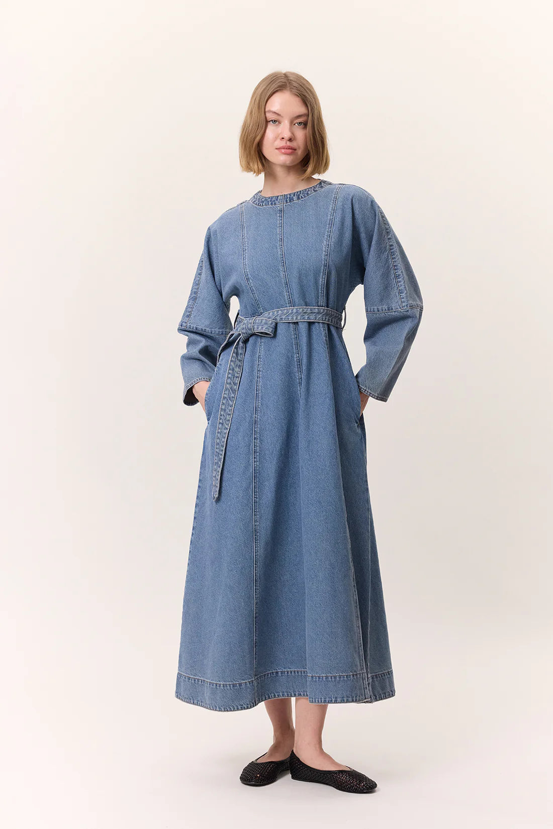Wide Sleeve Belted Denim Dress