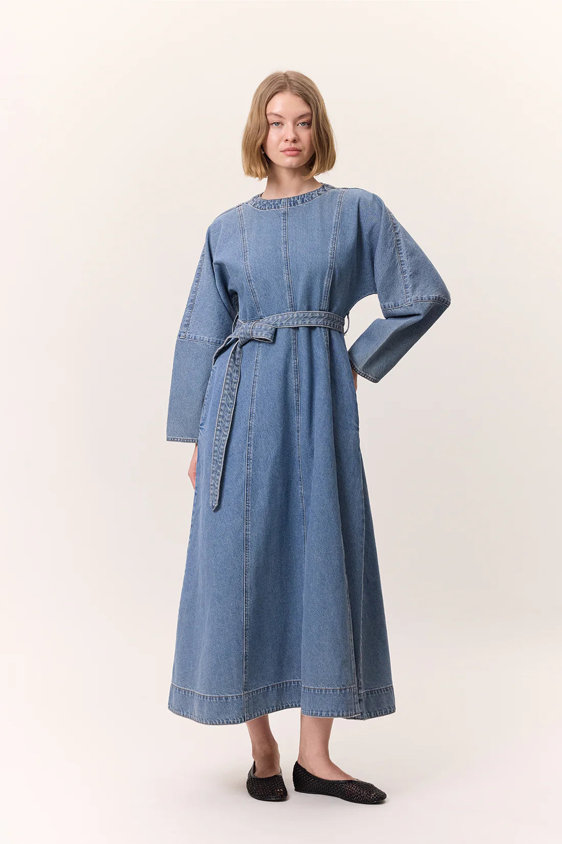 Wide Sleeve Belted Denim Dress