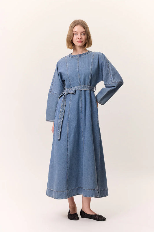 Wide Sleeve Belted Denim Dress