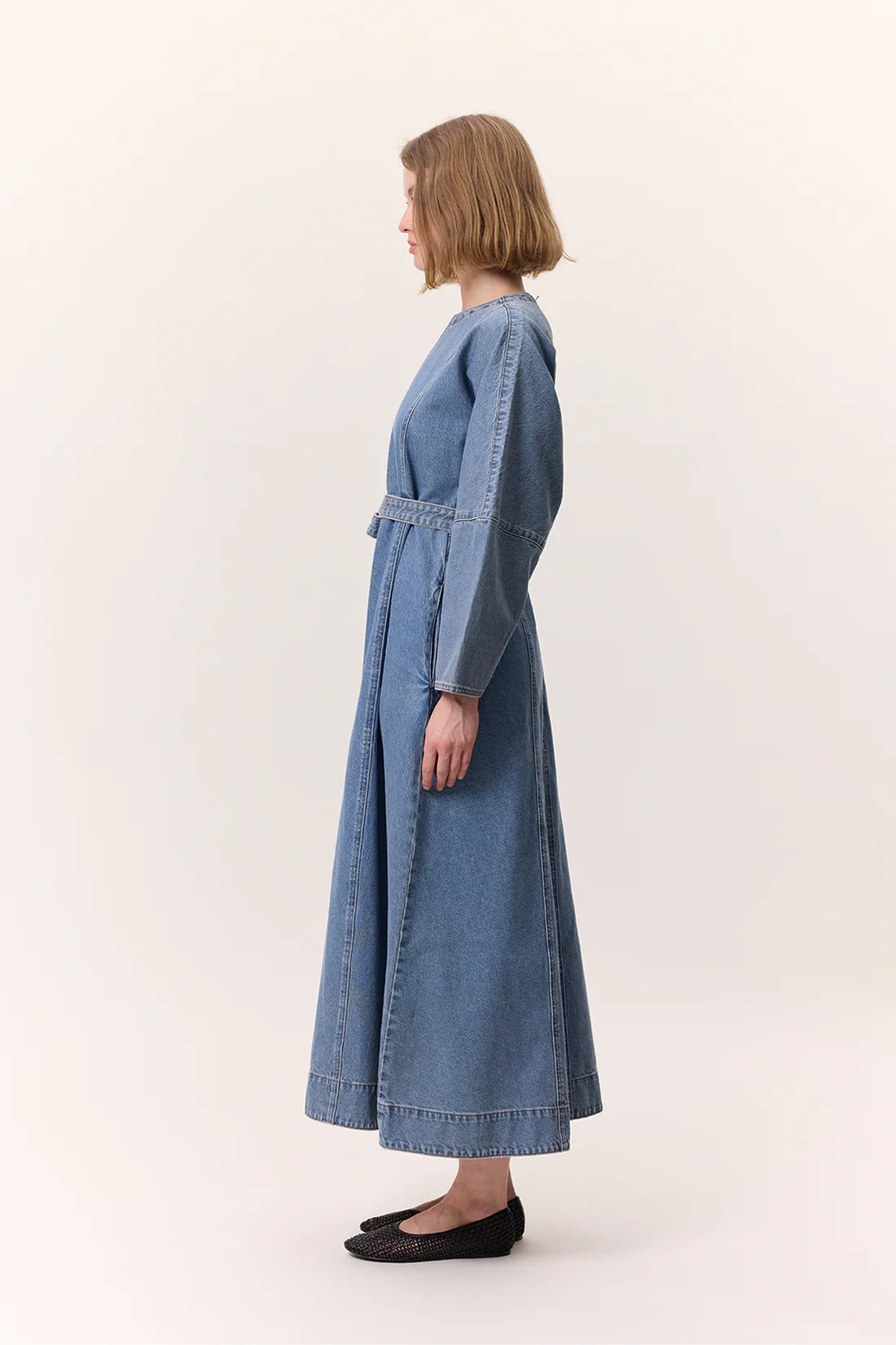 Wide Sleeve Belted Denim Dress