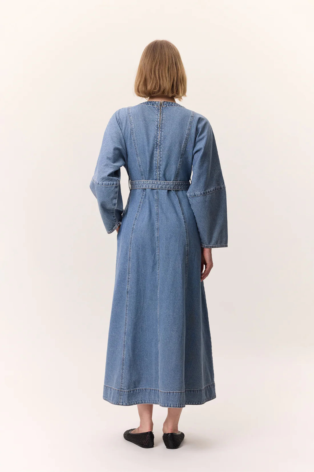 Wide Sleeve Belted Denim Dress