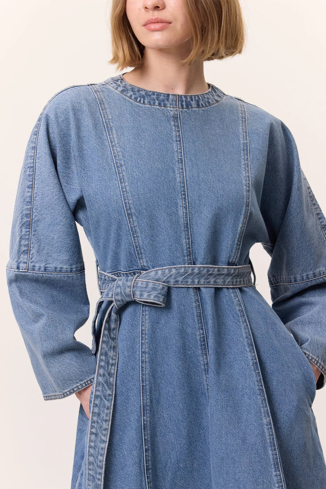 Wide Sleeve Belted Denim Dress