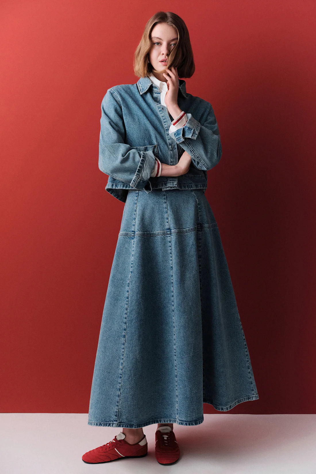 Wide Gathered Denim Skirt